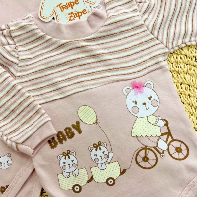 Kit 3 Peças - Bodys Manga Longa Ursinha Baby - Rose e Off White